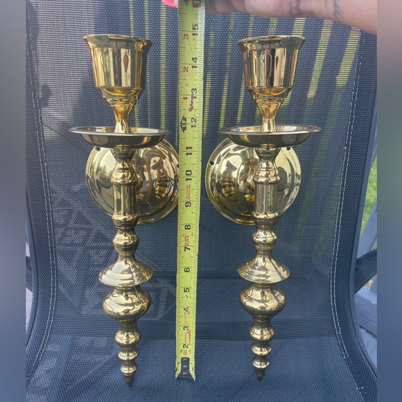 Vintage Pair of Solid Brass Shiny Wall Candle Sconces Hollywood Regency India - Picture 10 of 14